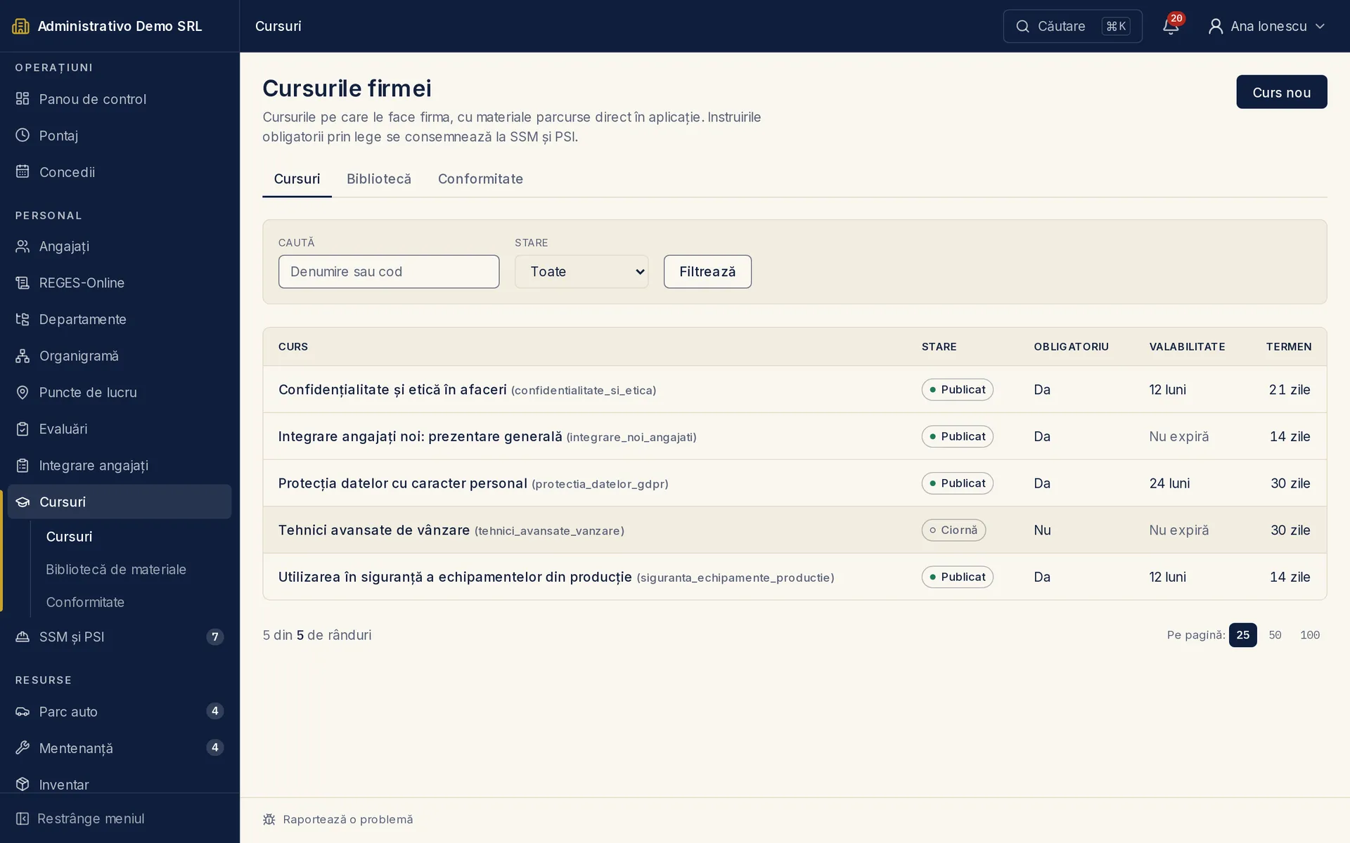 Ecranul „Cursuri" din Administrativo
