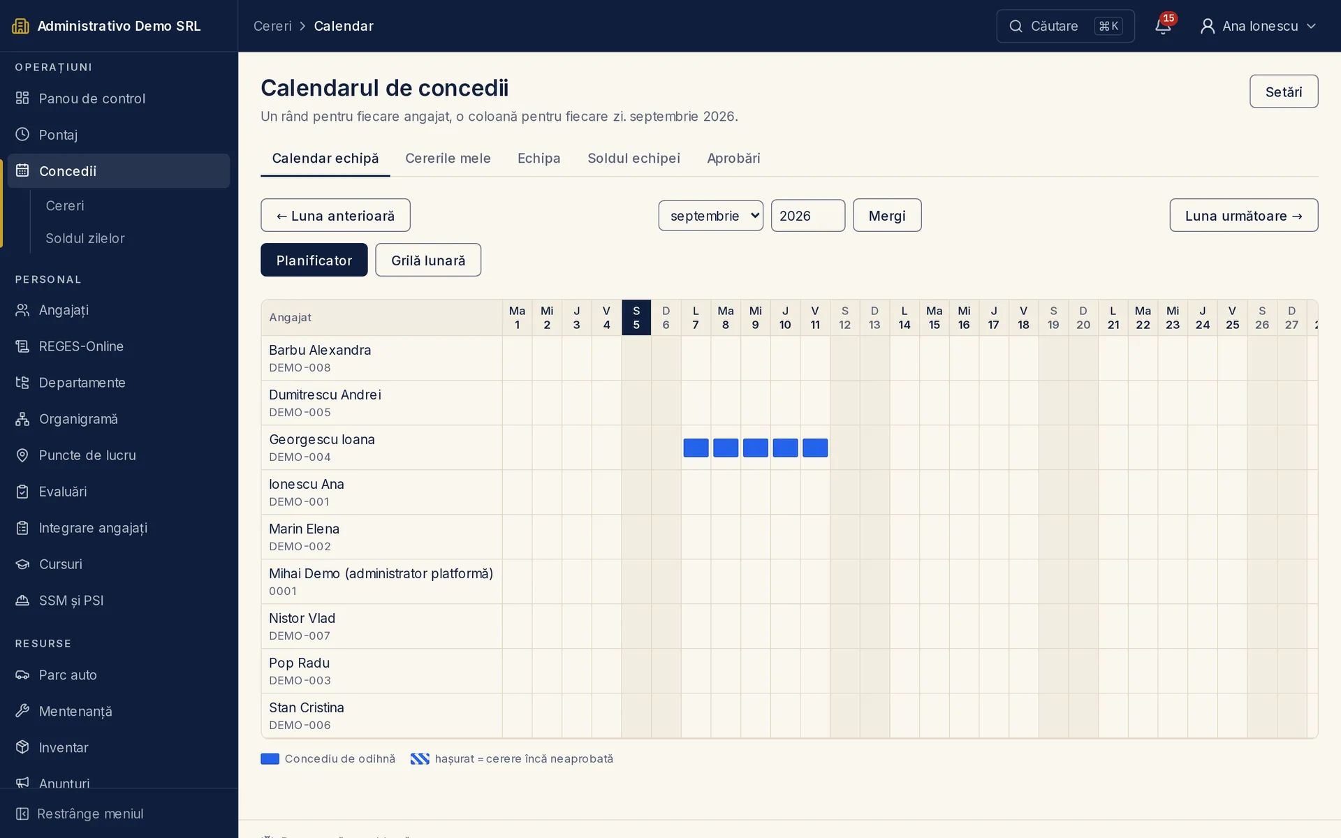 Ecranul „Concedii" din Administrativo