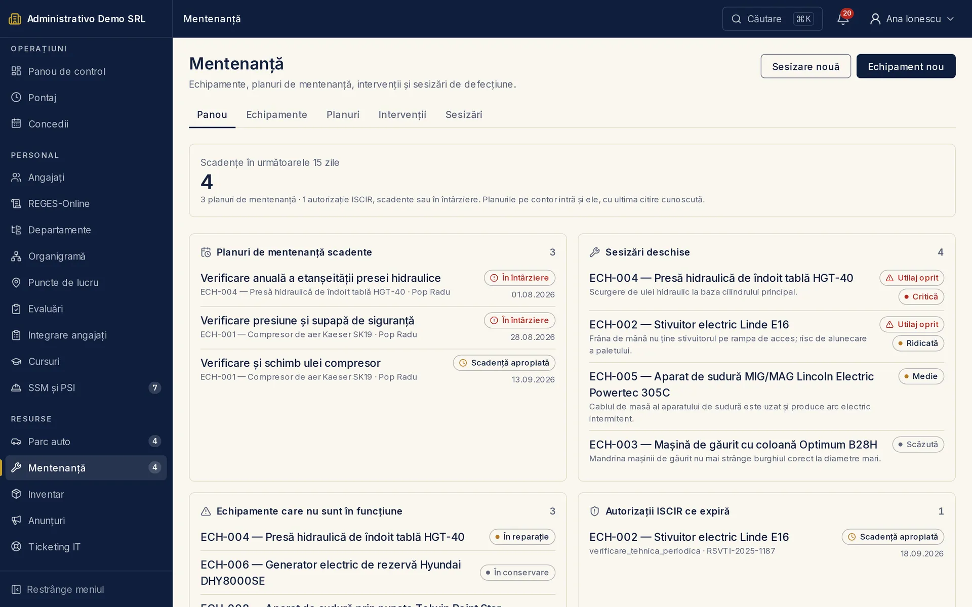 Ecranul „Mentenanță" din Administrativo