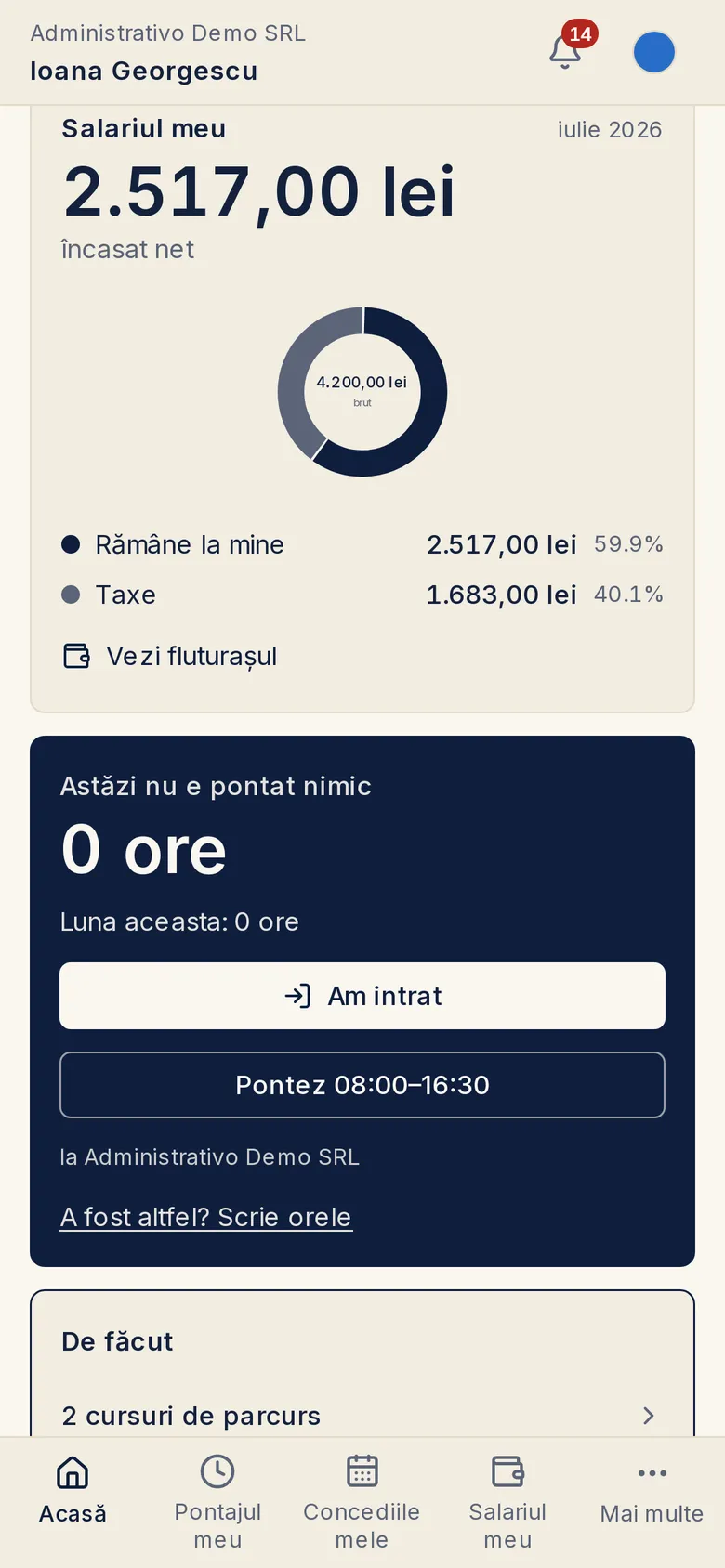 Portalul angajatului pe telefon: salariul lunii, butonul „Am intrat” și lista de lucruri de făcut.