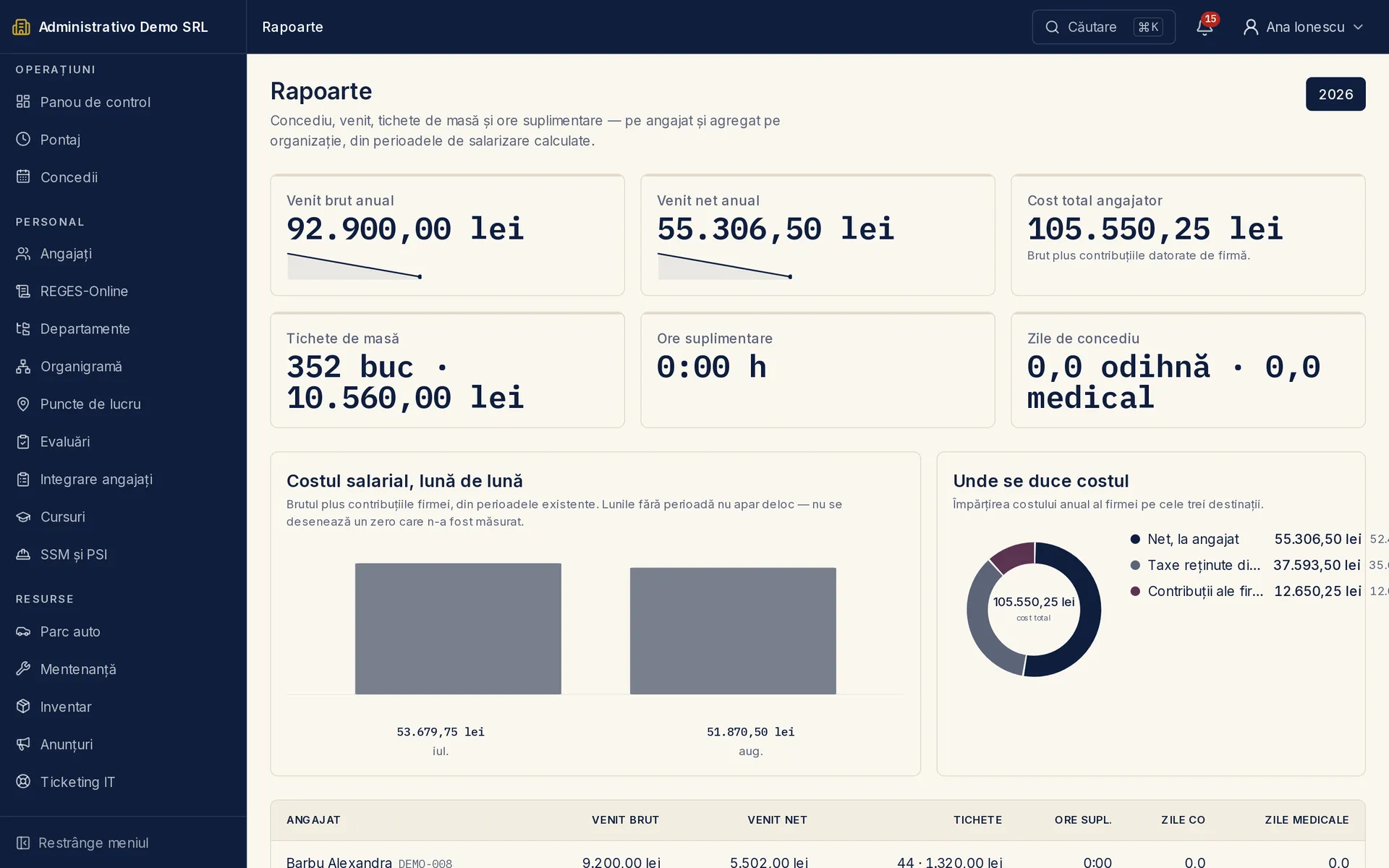 Ecranul „Rapoarte" din Administrativo