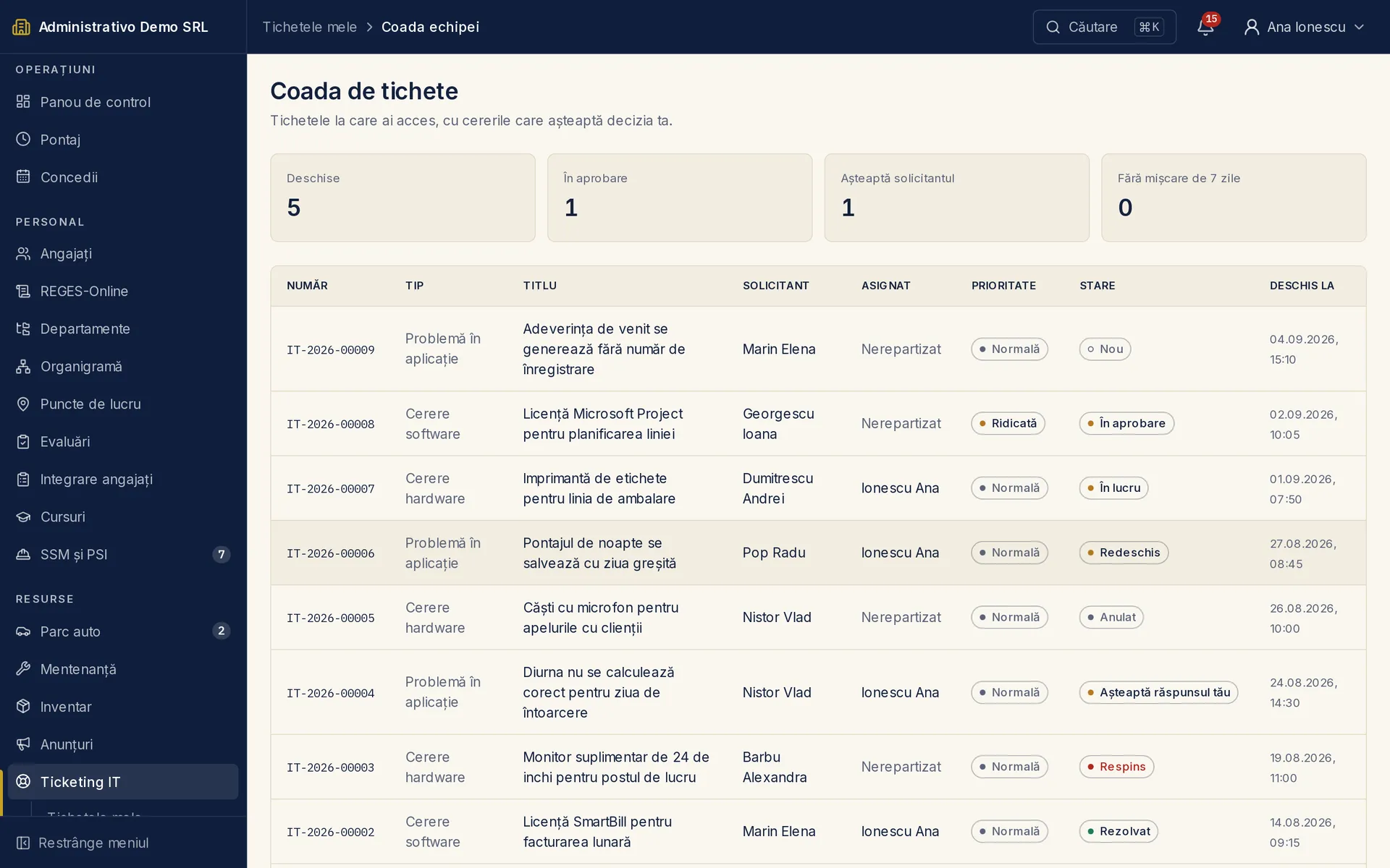 Ecranul „Ticketing IT" din Administrativo