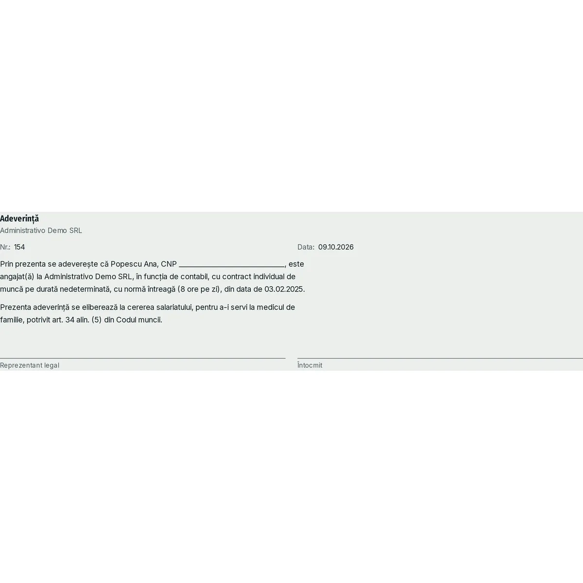 Adeverință de salariat, model completat pentru medicul de familie