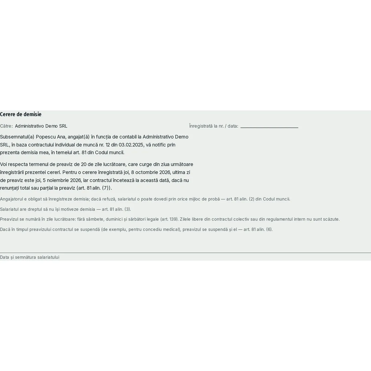 Cerere de demisie, model completat: preaviz de 20 de zile lucrătoare, ultima zi joi, 5 noiembrie 2026